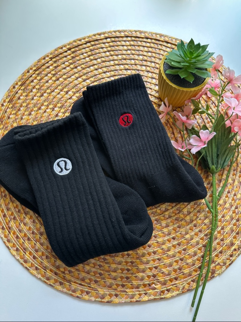 lululemon athletica Black Ribbed Crew Socks with White & Red Logos